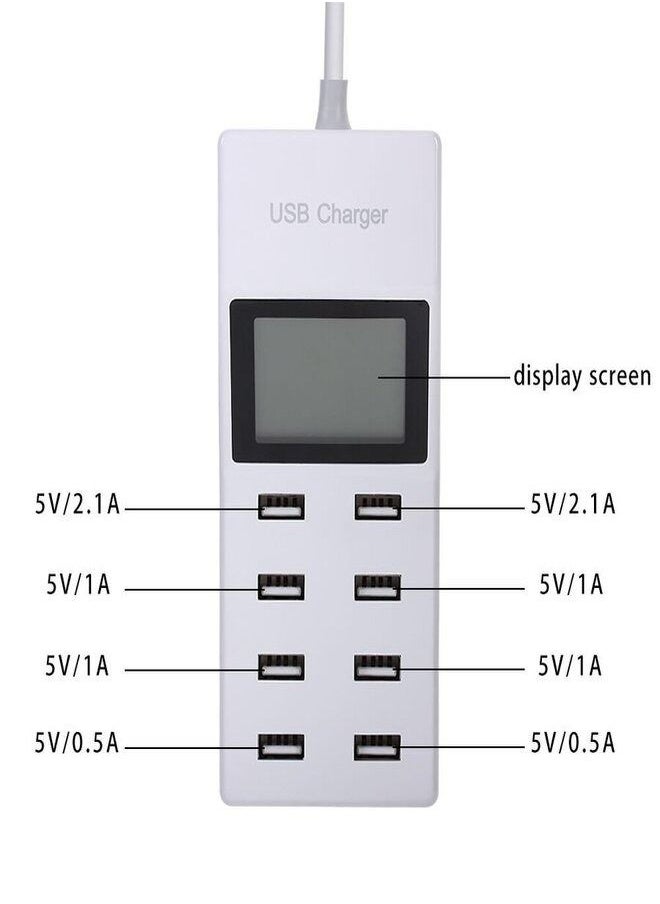 Generic - 40W USB Charger 8-Port USB Hub Charging Stations with LCD Display Smart Fast Charger with 5ft/150cm Long Power Cord Adapter - Image 1