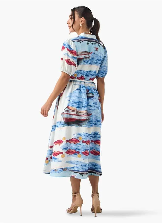 2Xtremz 2Xtremz All-Over Print Shirt Dress with Notch Collar and Puff Sleeves