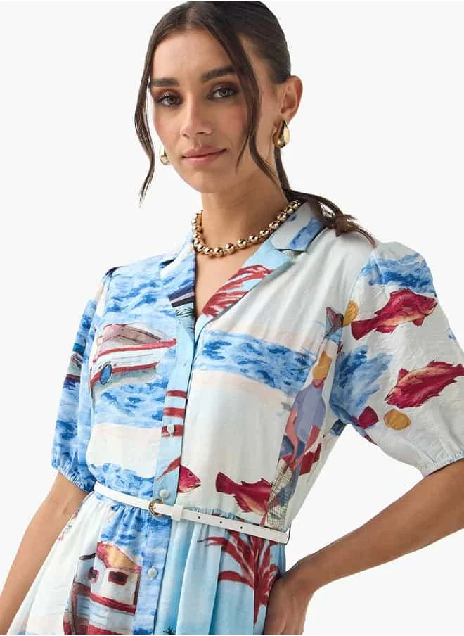 2Xtremz 2Xtremz All-Over Print Shirt Dress with Notch Collar and Puff Sleeves