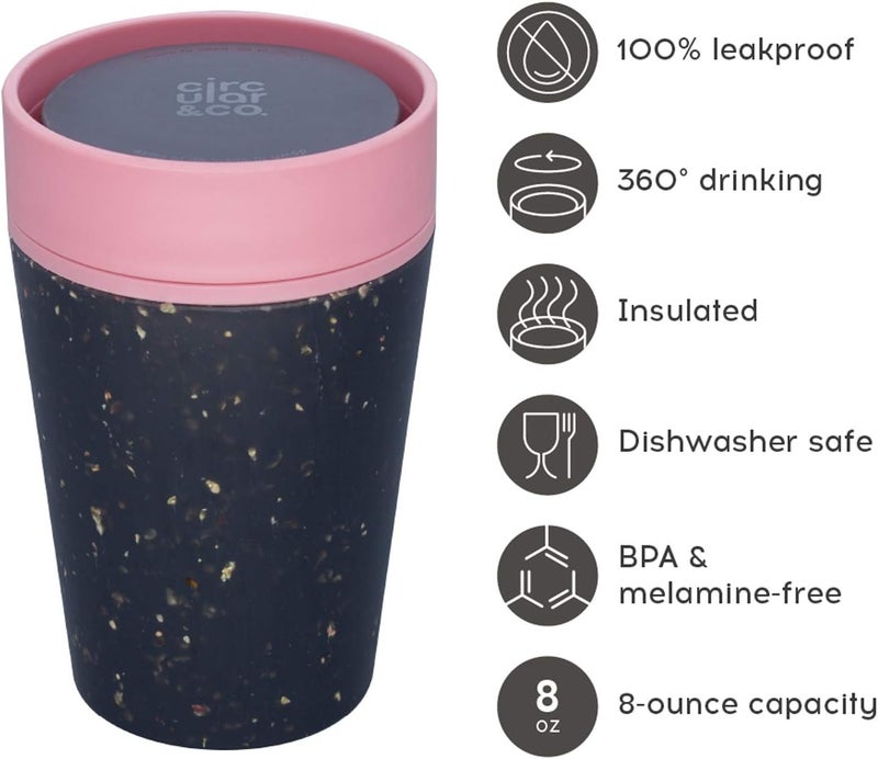 Circular and Co Leakproof Reusable Coffee Cup 8oz/227ml - The World's First Travel Mug Made from Recycled Coffee Cups, Sustainable & Insulated. (Black & Giggle Pink) - Image 2