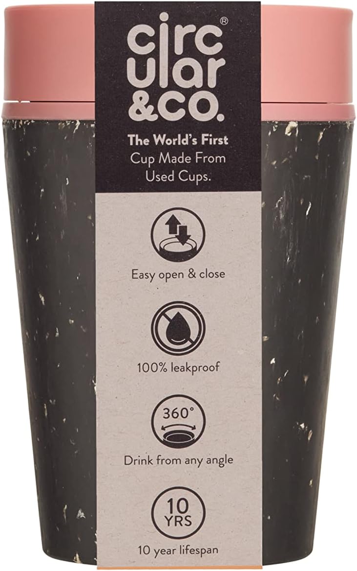 Circular and Co Leakproof Reusable Coffee Cup 8oz/227ml - The World's First Travel Mug Made from Recycled Coffee Cups, Sustainable & Insulated. (Black & Giggle Pink) - Image 1