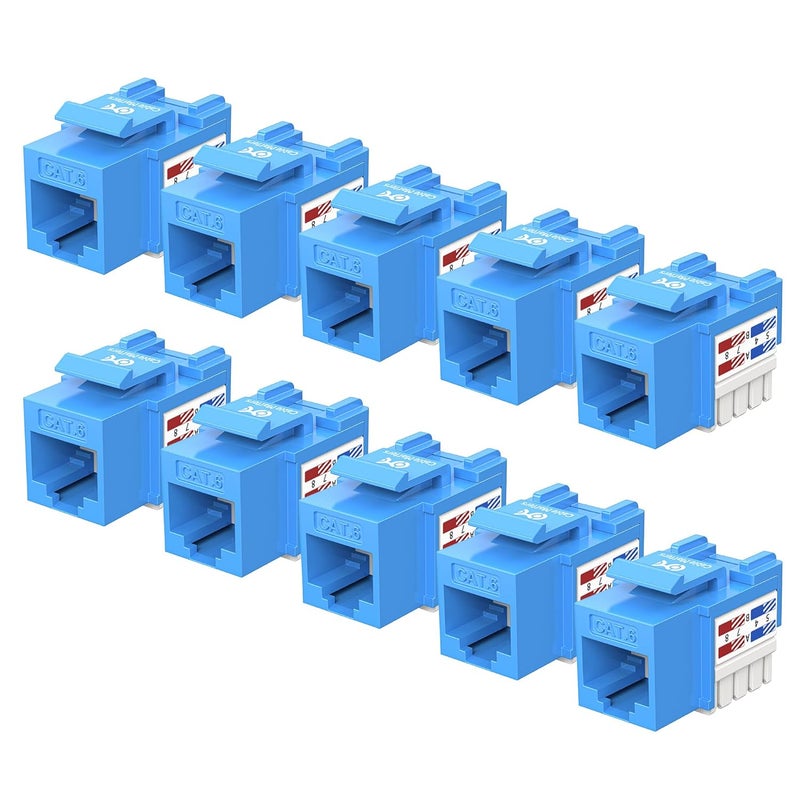CableMatters [UL Listed] 10-Pack 10Gbps Cat6 Keystone Jacks, RJ45 Keystone Jack, Ethernet Modular Jack in Blue for Patch Panel and Wall Plate - Image 1