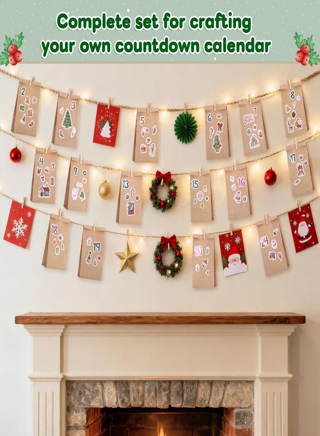GWHOLE 24PCS Empty Advent Calendars to Fill, 24 Days DIY Christmas Countdown Bags Kraft Paper Gift Bags with Stickers Clips Rope for DIY Craft Xmas Party Favor - Image 5