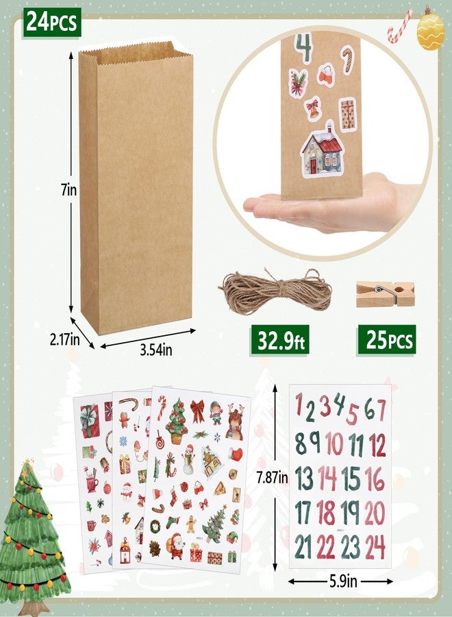GWHOLE 24PCS Empty Advent Calendars to Fill, 24 Days DIY Christmas Countdown Bags Kraft Paper Gift Bags with Stickers Clips Rope for DIY Craft Xmas Party Favor - Image 2