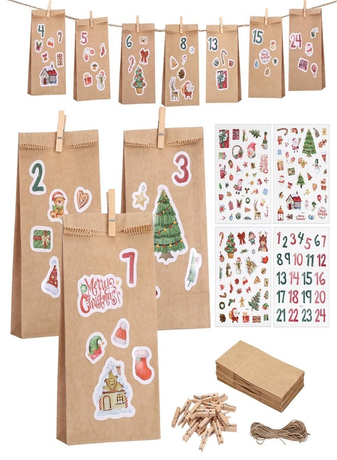 GWHOLE 24PCS Empty Advent Calendars to Fill, 24 Days DIY Christmas Countdown Bags Kraft Paper Gift Bags with Stickers Clips Rope for DIY Craft Xmas Party Favor - Image 1