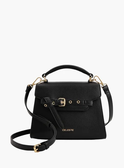 Celeste Women Textured Satchel Bag with Buckle Accent and Snap Button Closure