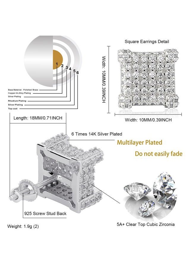 TOPGRILLZ Hip Hop Iced Out Big Square Flat Screen Block Screw Back Stud 925 Sterling Silver 4 and 9 Palaces Solitaires Zirconia Earring For Men - Image 2