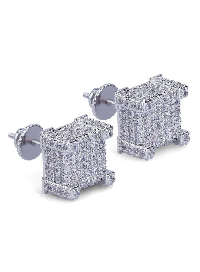TOPGRILLZ Hip Hop Iced Out Big Square Flat Screen Block Screw Back Stud 925 Sterling Silver 4 and 9 Palaces Solitaires Zirconia Earring For Men - Image 1