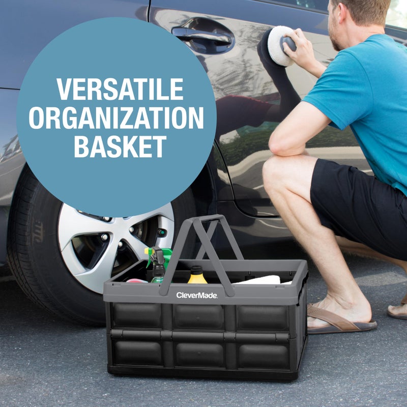 CleverMade Collapsible Shopping Basket 32L â€“ Folding Grocery Basket with Handles, Stackable Reusable Storage Crate with 35 lb Capacity, Recycled Plastic, Car Trunk Organizer - Stone Gray - Image 5