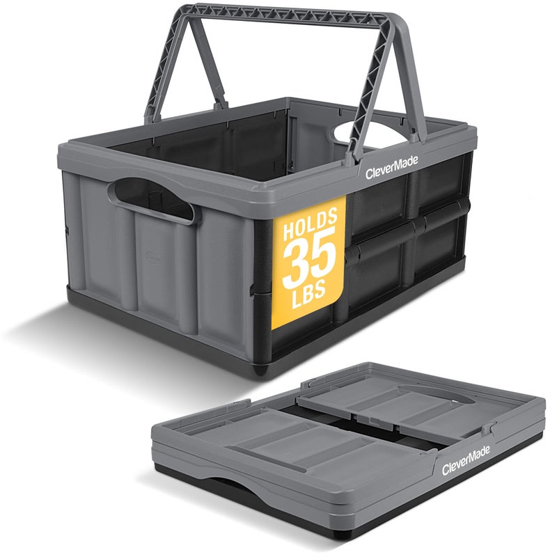 CleverMade Collapsible Shopping Basket 32L â€“ Folding Grocery Basket with Handles, Stackable Reusable Storage Crate with 35 lb Capacity, Recycled Plastic, Car Trunk Organizer - Stone Gray - Image 1