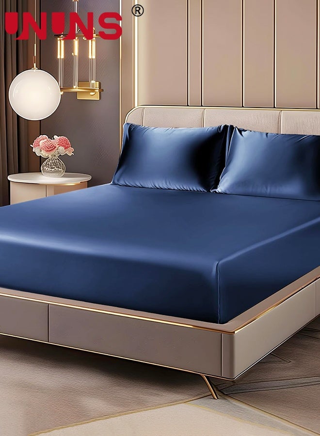 UNUNS Satin Fitted Sheet and Pillowcases Set,3Pcs Luxury Soft Similar to Silk Bottom Bedsheet with Elastic Corner Straps,Deep Pocket up to 28CM,1 Fitted Sheet and 2 Pillowcases,King,Navy - Image 1