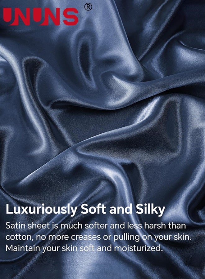 UNUNS Satin Fitted Sheet and Pillowcases Set,3Pcs Luxury Soft Similar to Silk Bottom Bedsheet with Elastic Corner Straps,Deep Pocket up to 28CM,1 Fitted Sheet and 2 Pillowcases,King,Navy - Image 3