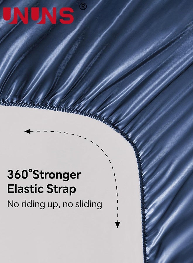 UNUNS Satin Fitted Sheet and Pillowcases Set,3Pcs Luxury Soft Similar to Silk Bottom Bedsheet with Elastic Corner Straps,Deep Pocket up to 28CM,1 Fitted Sheet and 2 Pillowcases,King,Navy - Image 4