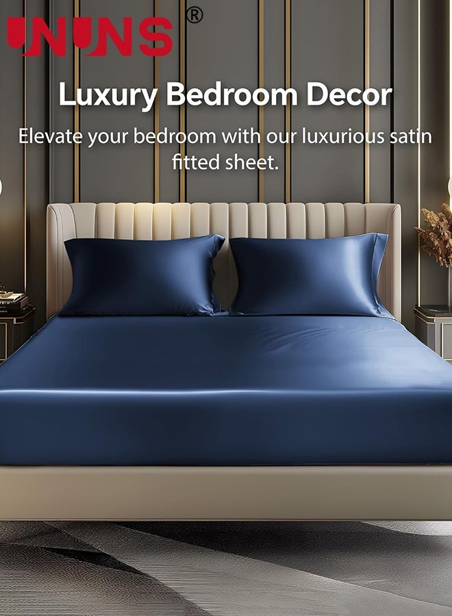 UNUNS Satin Fitted Sheet and Pillowcases Set,3Pcs Luxury Soft Similar to Silk Bottom Bedsheet with Elastic Corner Straps,Deep Pocket up to 28CM,1 Fitted Sheet and 2 Pillowcases,King,Navy - Image 2