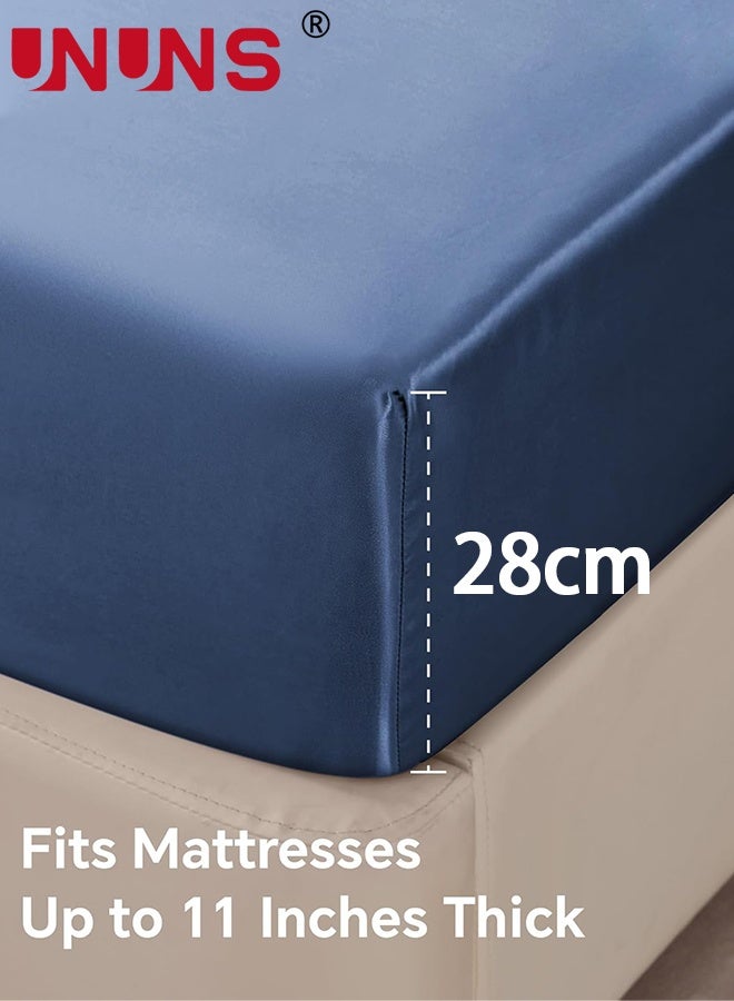 UNUNS Satin Fitted Sheet and Pillowcases Set,3Pcs Luxury Soft Similar to Silk Bottom Bedsheet with Elastic Corner Straps,Deep Pocket up to 28CM,1 Fitted Sheet and 2 Pillowcases,King,Navy - Image 5
