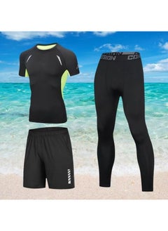 Generic Body Swimsuit Men's Swimming Trunks Long Summer Quick-drying Sunscreen Long Sleeve Trousers Split Hot Spring Beach Surfing Snorkeling Factory-Color:❥☆#∝〃★Cx Green Mesh Short Sleeves + Reflective Shorts + Black Tight Trousers☆❥-Size:❥☆S 【 40-50kg 】☆❥  - Image 1