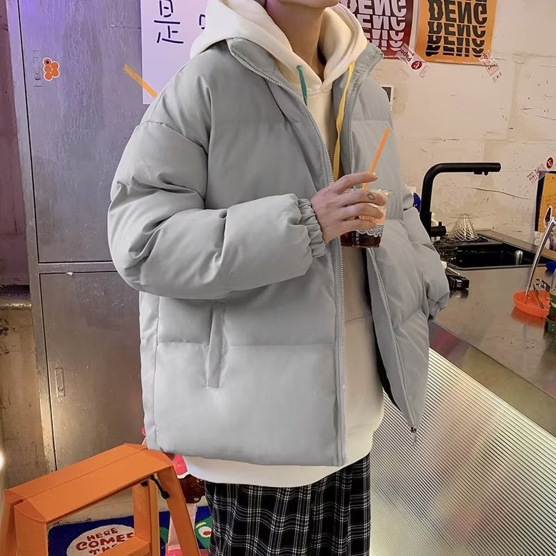 Winter solid color cotton-padded coat mens loose ins Hong Kong style casual sports Korean style trendy all-matching student handsome bread coat Gray - Image 1