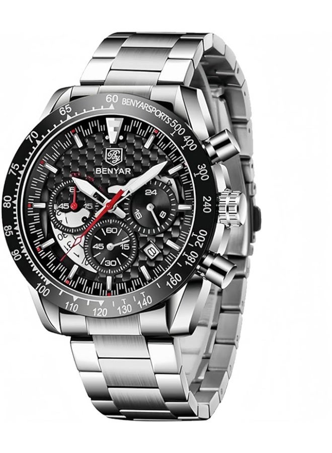 Mens Watches Sports Stylish Analog Quartz Chronograph Watch Date Waterproof 3ATM Stainless Steel Strap Wrist Watches for Men