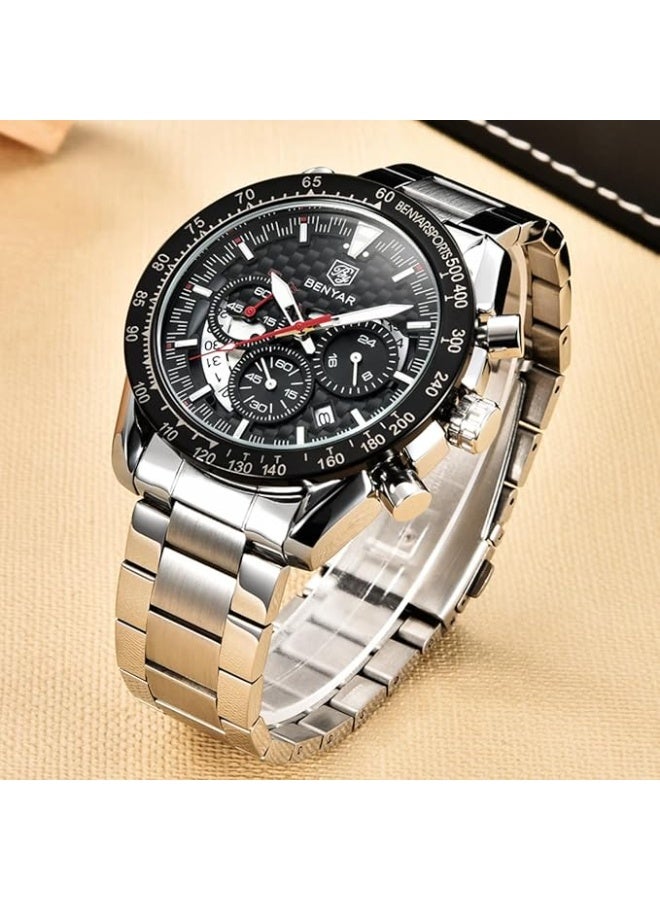 BENYAR Mens Watches Sports Stylish Analog Quartz Chronograph Watch Date Waterproof 3ATM Stainless Steel Strap Wrist Watches for Men - Image 4