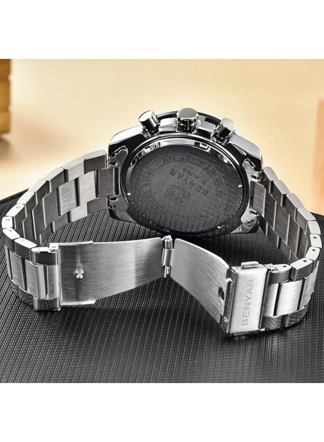 BENYAR Mens Watches Sports Stylish Analog Quartz Chronograph Watch Date Waterproof 3ATM Stainless Steel Strap Wrist Watches for Men - Image 5
