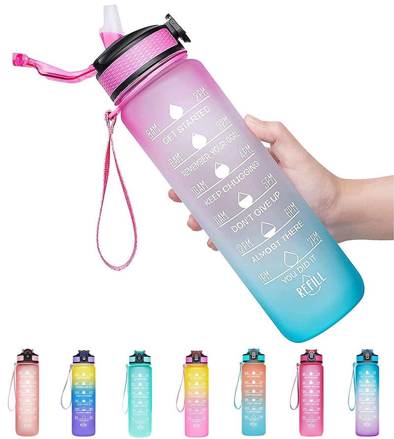 Meetzone NonToxic Unbreakable Pastic Leak Proof Water Bottle With Timing Marking To Drink 1000 ml Portable Transparent Drinking Water Bottle With Straw Slide Open Lid 1pcsMulticolour - Image 1