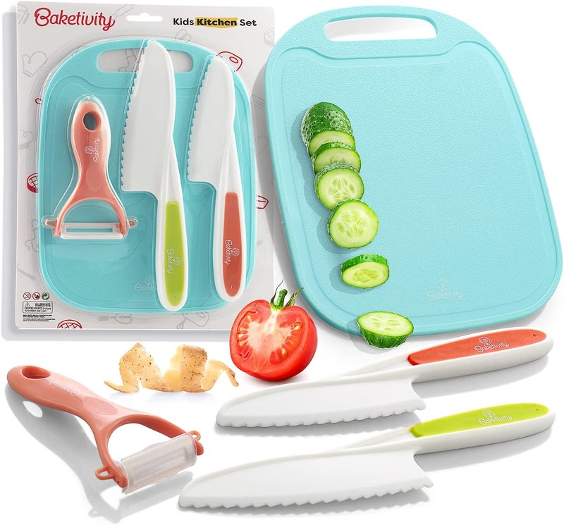 Baketivity Kid Safe Plastic Knives For Real Cooking With Cutting Board, Peeler For Kitchen - Knife Set With Blunt Tip, Dishwasher Safe, BPA Free Kids Knives For Cutting - Image 1