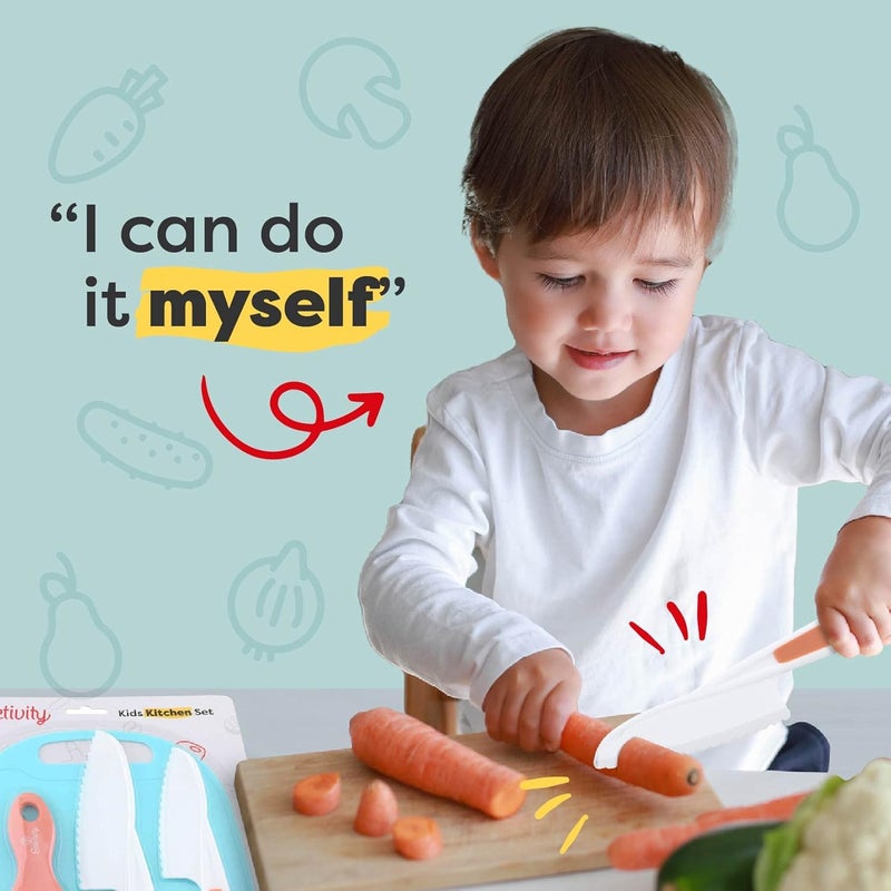Baketivity Kid Safe Plastic Knives For Real Cooking With Cutting Board, Peeler For Kitchen - Knife Set With Blunt Tip, Dishwasher Safe, BPA Free Kids Knives For Cutting - Image 5