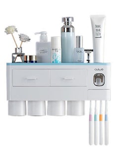 4 Cups Automatic Toothpaste Dispenser Magnetic Toothbrush Organizer with Drawer Dustproof Cover, Wall Mounted No Drilling, Space Saving Toothpaste Press
