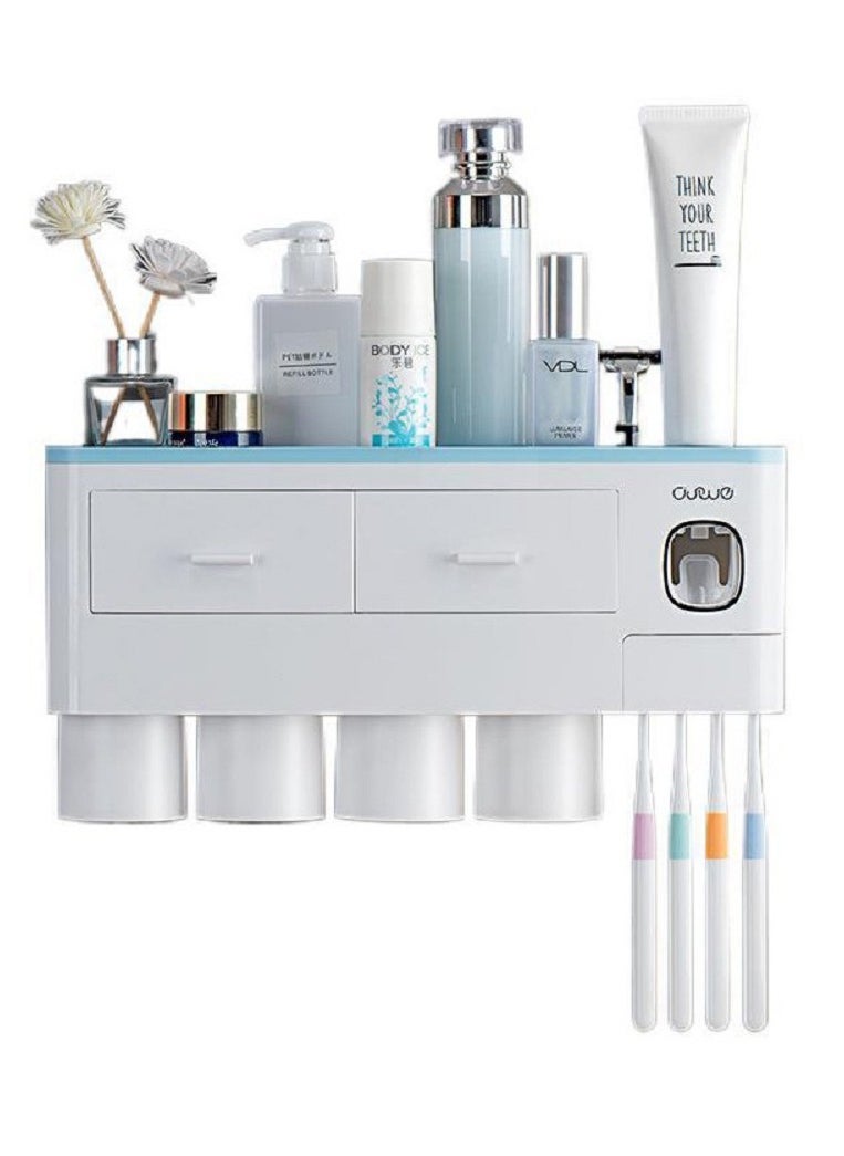 Generic - 4 Cups Automatic Toothpaste Dispenser Magnetic Toothbrush Organizer with Drawer Dustproof Cover, Wall Mounted No Drilling, Space Saving Toothpaste Press - Image 1