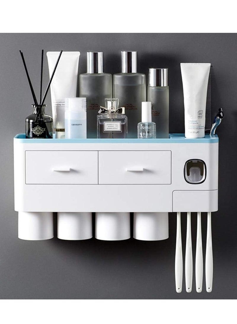 Generic - 4 Cups Automatic Toothpaste Dispenser Magnetic Toothbrush Organizer with Drawer Dustproof Cover, Wall Mounted No Drilling, Space Saving Toothpaste Press - Image 1
