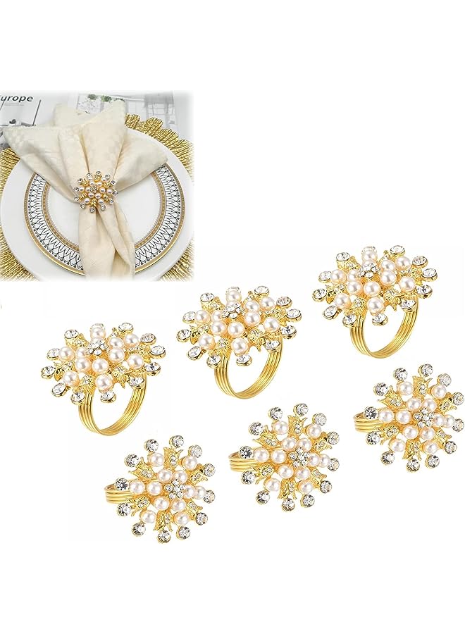 SYOSI Napkin Rings, 6Pcs Flower Pearl Rhinestone Napkin Ring Holder for Wedding Party Home Kitchen Dining Table Linen Accessories, Hotel Pearl Napkin Ring Diamond Napkin Buckle Metal Napkin Ring - Image 1