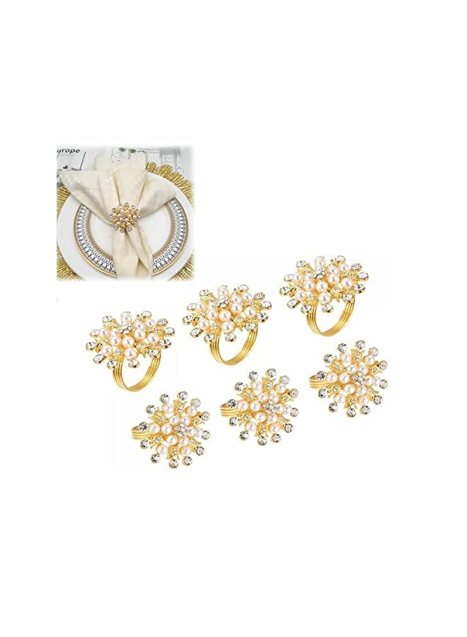 SYOSI Napkin Rings, 6Pcs Flower Pearl Rhinestone Napkin Ring Holder for Wedding Party Home Kitchen Dining Table Linen Accessories, Hotel Pearl Napkin Ring Diamond Napkin Buckle Metal Napkin Ring - Image 2