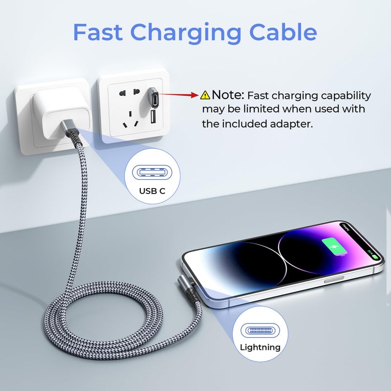 Basesailor USB C to Lightning Charger Cable Right Angled 6.6ft with USB A Adapter,90 Degree iOS Type C PD Fast Charging Cord for iPhone 11 12 13 14 10 Mini Pro Max,i11,i12,i13 - Image 5