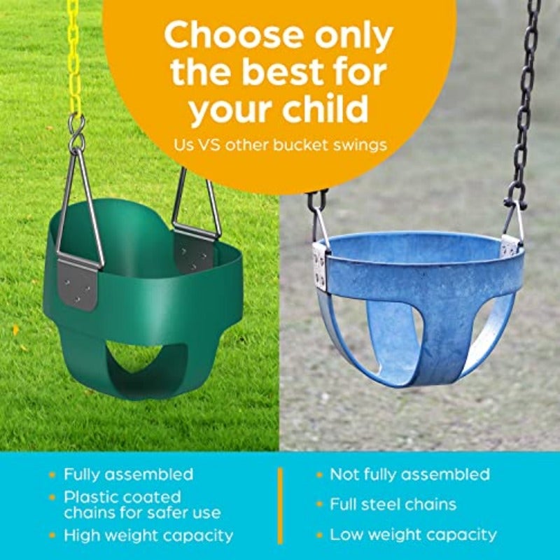 Toddler Swing - Heavy Duty High Back Full Bucket Baby Swing Seat with Coated Chains for Outdoor Use - Fully Assembled - Green - Image 2
