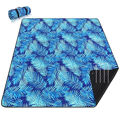 PY SUPER MODE Picnic Blankets Extra Large, Waterproof Foldable Outdoor Beach Blanket Oversized 83x79” Sandproof, 3-Layer Picnic Mat for Camping, Hiking, Travel, Park, Concerts(Blue Leaves) - Image 1