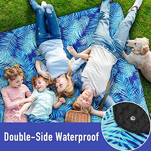 PY SUPER MODE Picnic Blankets Extra Large, Waterproof Foldable Outdoor Beach Blanket Oversized 83x79” Sandproof, 3-Layer Picnic Mat for Camping, Hiking, Travel, Park, Concerts(Blue Leaves) - Image 3