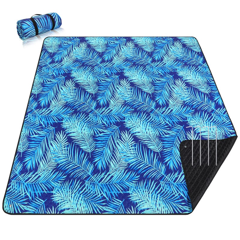 PY SUPER MODE Picnic Blankets Extra Large, Waterproof Foldable Outdoor Beach Blanket Oversized 83x79” Sandproof, 3-Layer Picnic Mat for Camping, Hiking, Travel, Park, Concerts(Blue Leaves) - Image 4