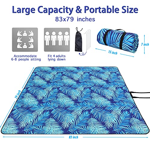 PY SUPER MODE Picnic Blankets Extra Large, Waterproof Foldable Outdoor Beach Blanket Oversized 83x79” Sandproof, 3-Layer Picnic Mat for Camping, Hiking, Travel, Park, Concerts(Blue Leaves) - Image 2