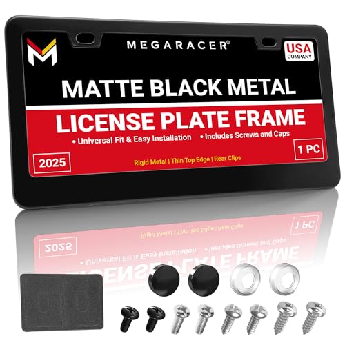 Mega Racer Premium Matte Black License Plate Frame – 1 Pack, Rust-Free Stainless Steel, Rattle-Free, Universal with Screw Covers, Slim-Top & Wide-Bottom Design, Thin Rigid Metal Front or Rear Car Tag Holder - Image 1