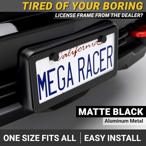 Mega Racer Premium Matte Black License Plate Frame – 1 Pack, Rust-Free Stainless Steel, Rattle-Free, Universal with Screw Covers, Slim-Top & Wide-Bottom Design, Thin Rigid Metal Front or Rear Car Tag Holder - Image 2