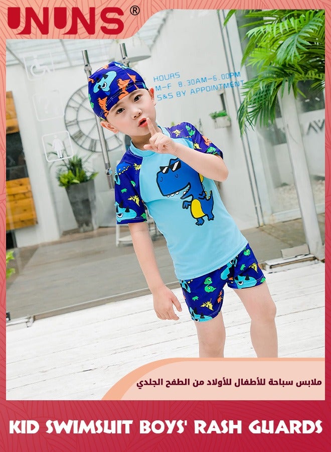 UNUNS Kid Boys Guard Swimsuit,UPF 50+ Swim Bathing Suit 3 Piece Sun Protection Swimwear Set,Short Sleeves Guard Swimsuit Swimwear,Swimming Cap,Beach Shorts,Quick-Drying Swimming Set,Navy Blue Dinosaur - Image 4