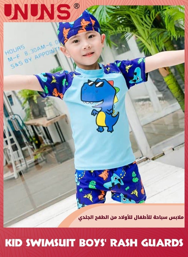 UNUNS Kid Boys Guard Swimsuit,UPF 50+ Swim Bathing Suit 3 Piece Sun Protection Swimwear Set,Short Sleeves Guard Swimsuit Swimwear,Swimming Cap,Beach Shorts,Quick-Drying Swimming Set,Navy Blue Dinosaur - Image 2