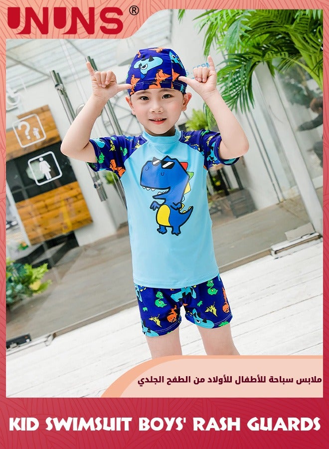 UNUNS Kid Boys Guard Swimsuit,UPF 50+ Swim Bathing Suit 3 Piece Sun Protection Swimwear Set,Short Sleeves Guard Swimsuit Swimwear,Swimming Cap,Beach Shorts,Quick-Drying Swimming Set,Navy Blue Dinosaur - Image 3