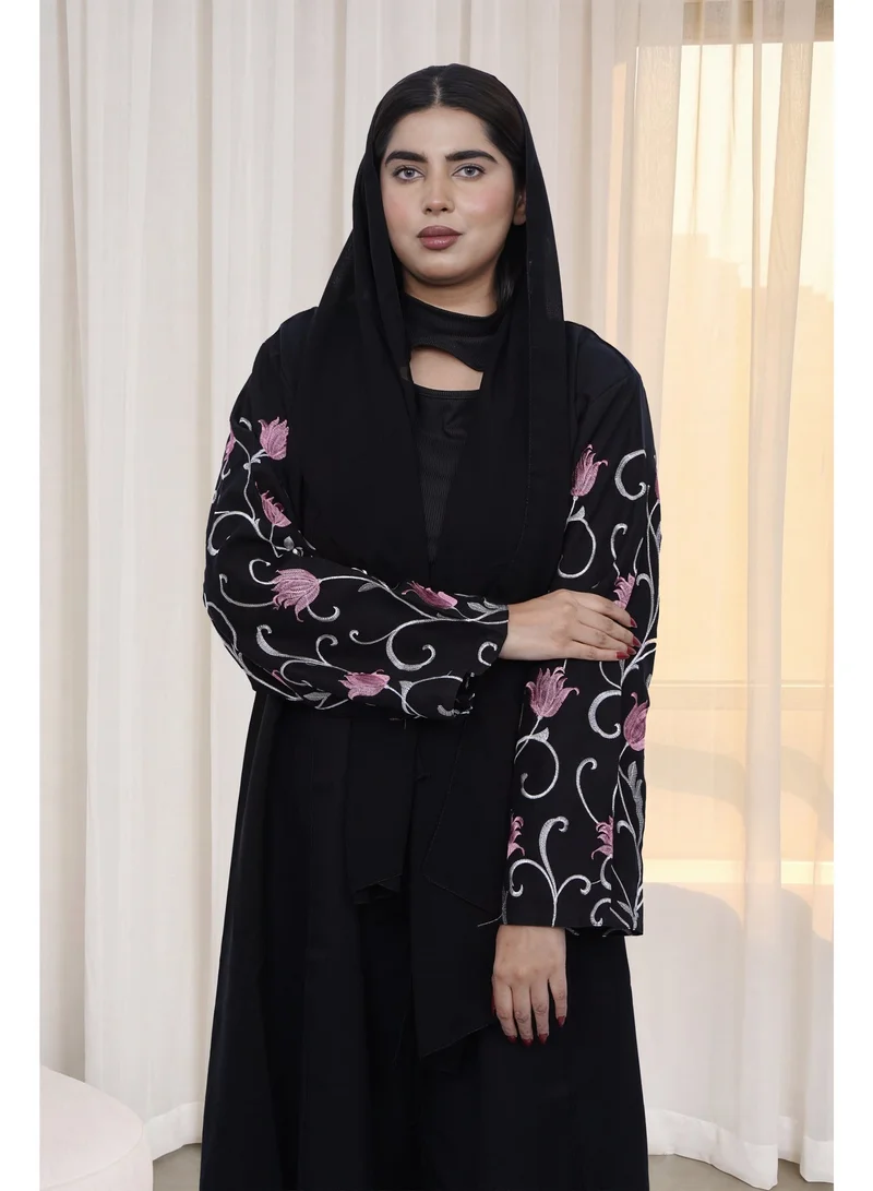 Fashion Line Elegant Black Front-Open Abaya with Pink Floral Embroidered Long Sleeves
