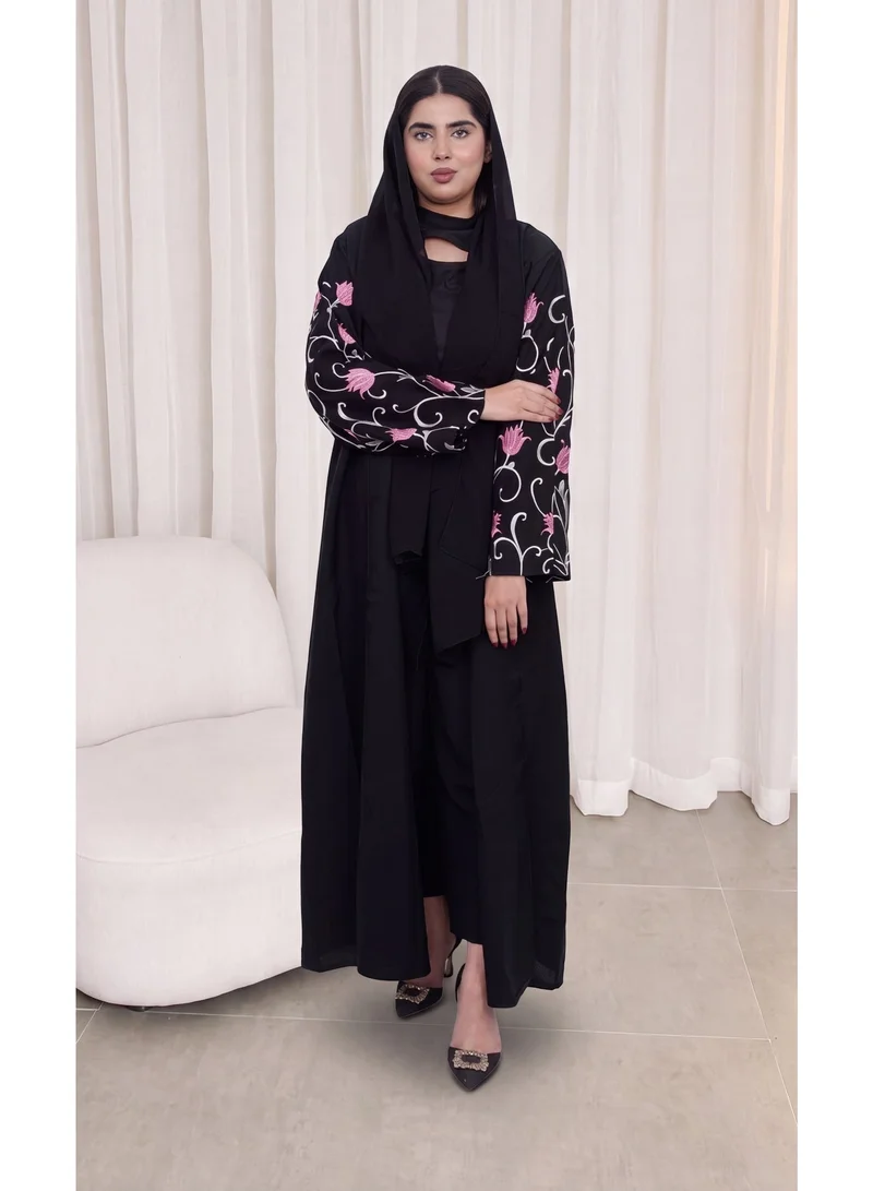 Fashion Line Elegant Black Front-Open Abaya with Pink Floral Embroidered Long Sleeves