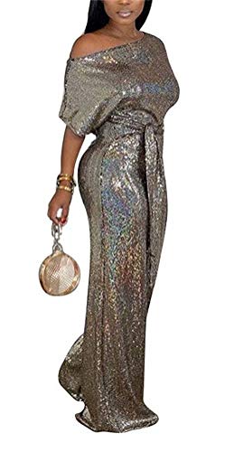 LKOUS Women's Evening Sparkly Jumpsuits Off Shoulder Short Sleeve Party Sequins Rompers High Waisted Wide Leg Pants Suit - Image 1