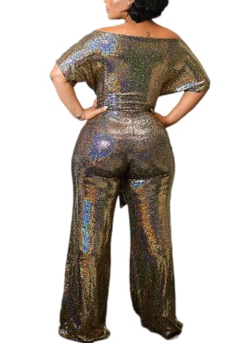 LKOUS Women's Evening Sparkly Jumpsuits Off Shoulder Short Sleeve Party Sequins Rompers High Waisted Wide Leg Pants Suit - Image 4