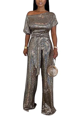 LKOUS Women's Evening Sparkly Jumpsuits Off Shoulder Short Sleeve Party Sequins Rompers High Waisted Wide Leg Pants Suit - Image 2