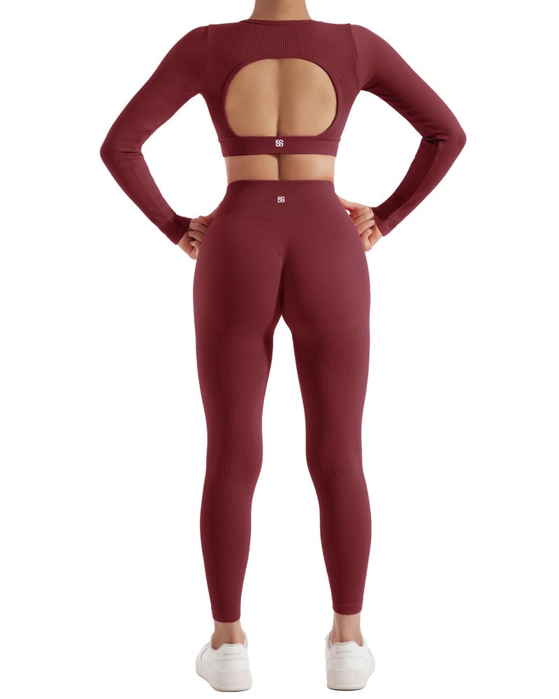 SUUKSESS 2 Piece Workout Sets for Women Long Sleeve Gym Sets Woman Butt Lifting Leggings Open Back Crop Tops - Image 4
