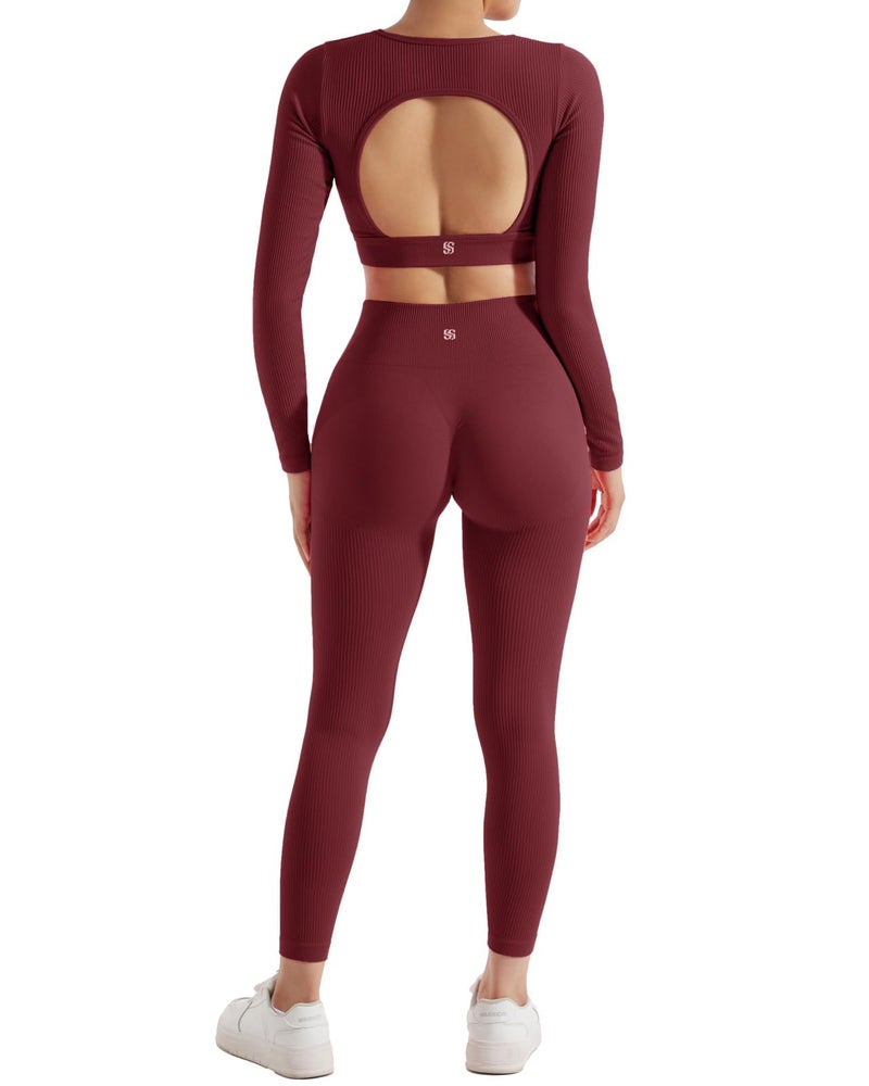 SUUKSESS 2 Piece Workout Sets for Women Long Sleeve Gym Sets Woman Butt Lifting Leggings Open Back Crop Tops - Image 2